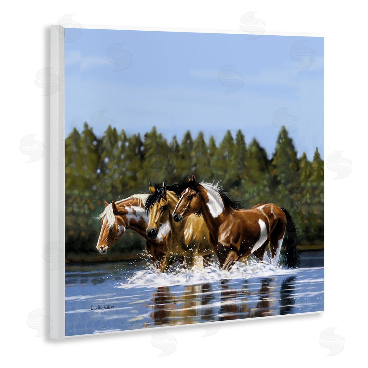 Horses Upstream Splashing Wood Plaque Wall Art, Home Decor by Victoria Schultz