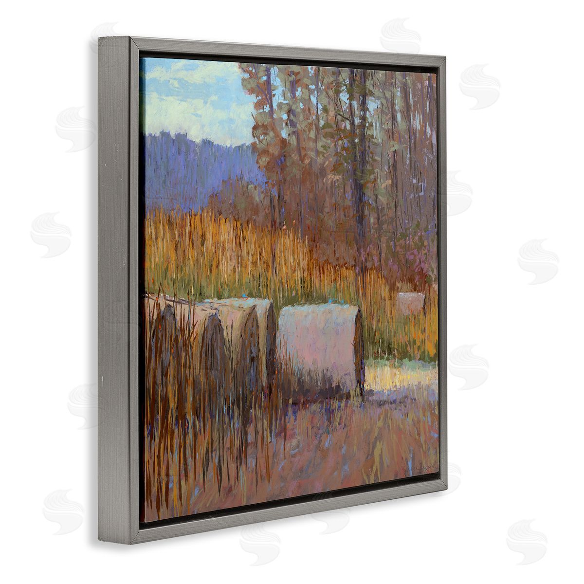 Country Hay Bales Grey Floating Frame Canvas Wall Art, Home Decor by Carol Strock Wasson