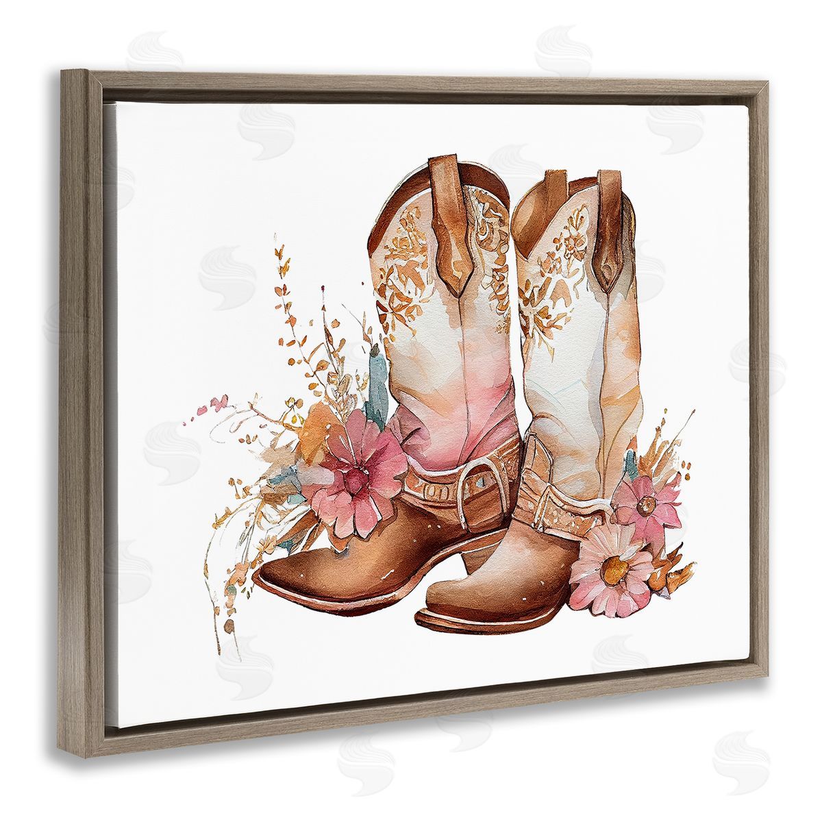 Birch & Ink Blooming Cowboy Boots Brown Floating Frame Canvas Wall Art Print