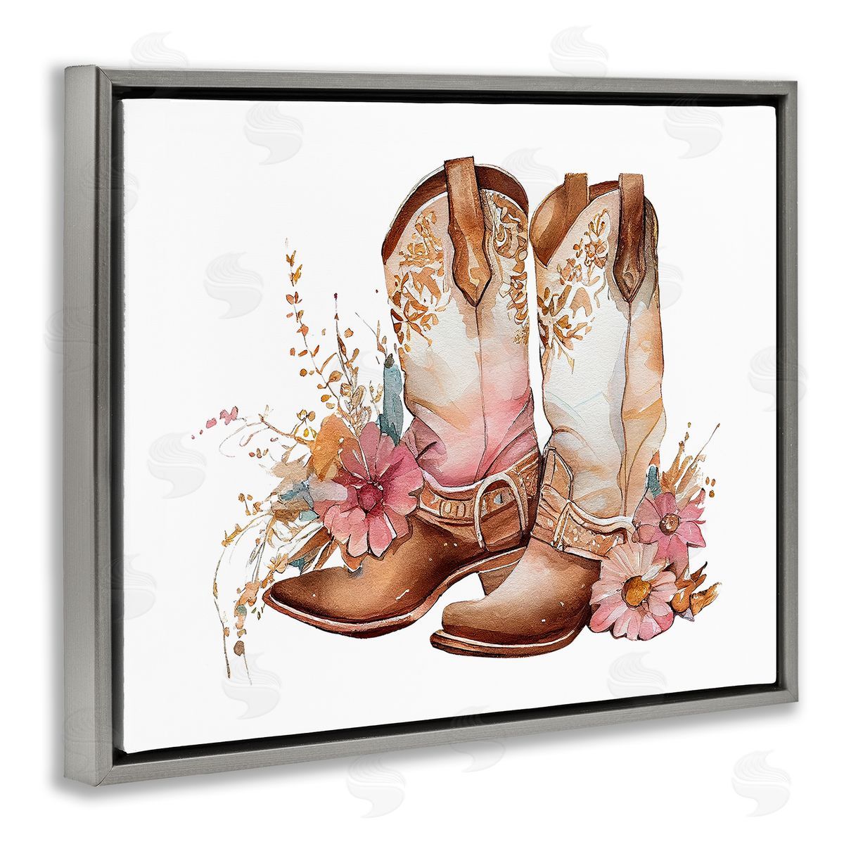 Birch & Ink Blooming Cowboy Boots Gray Floating Frame Canvas Wall Art Print