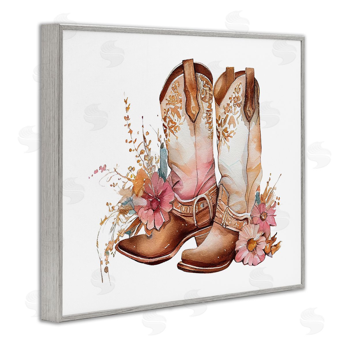 Birch & Ink Blooming Cowboy Boots Gray Framed Giclee Wall Art Print