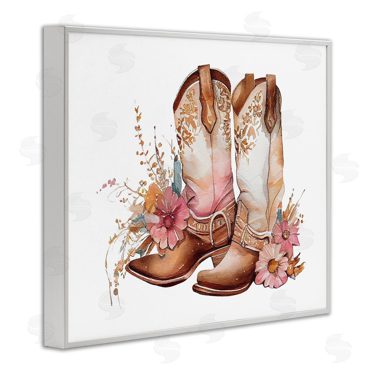 Birch & Ink Blooming Cowboy Boots White Framed Giclee Wall Art Print