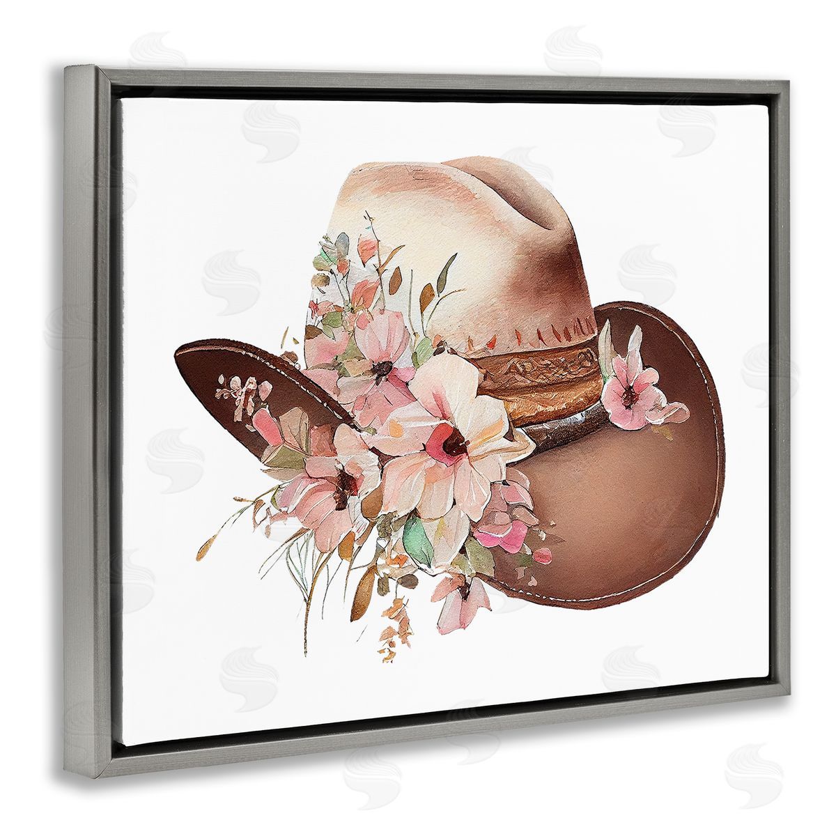 Birch & Ink Pink Floral Cowboy Hat Gray Floating Frame Canvas Wall Art Print