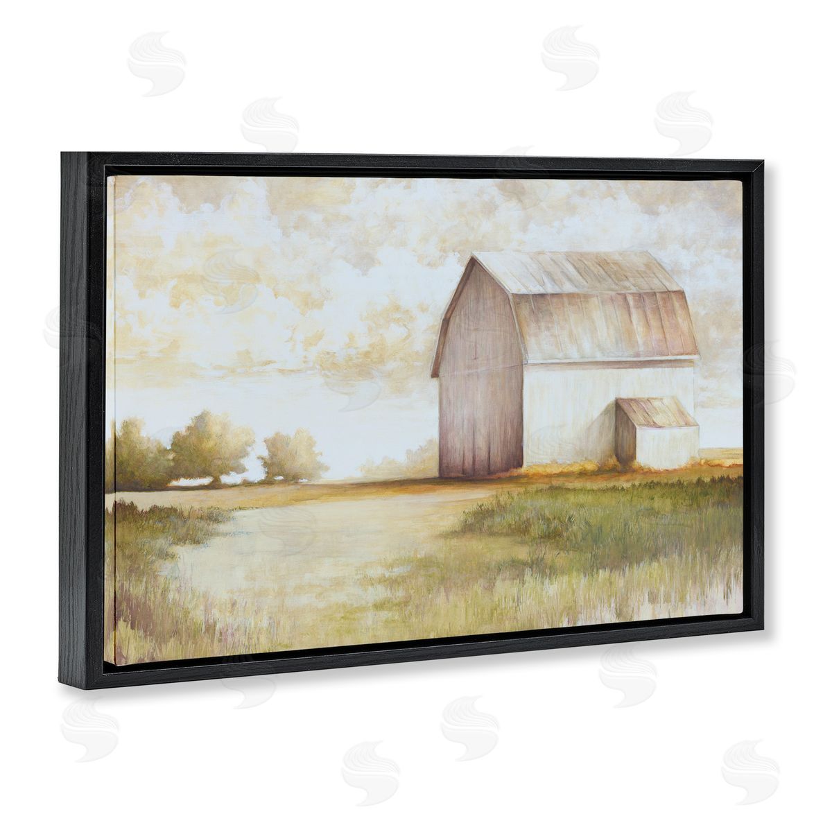 Neutral Distant Barn Black Floating Frame Canvas Wall Art, Home Decor by White Ladder