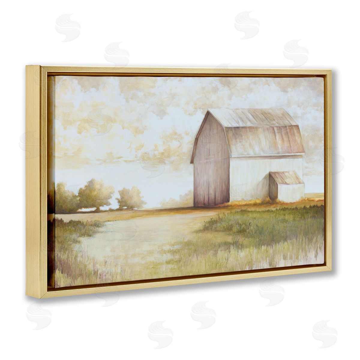 Neutral Distant Barn Gold Floating Frame Canvas Wall Art, Home Decor by White Ladder