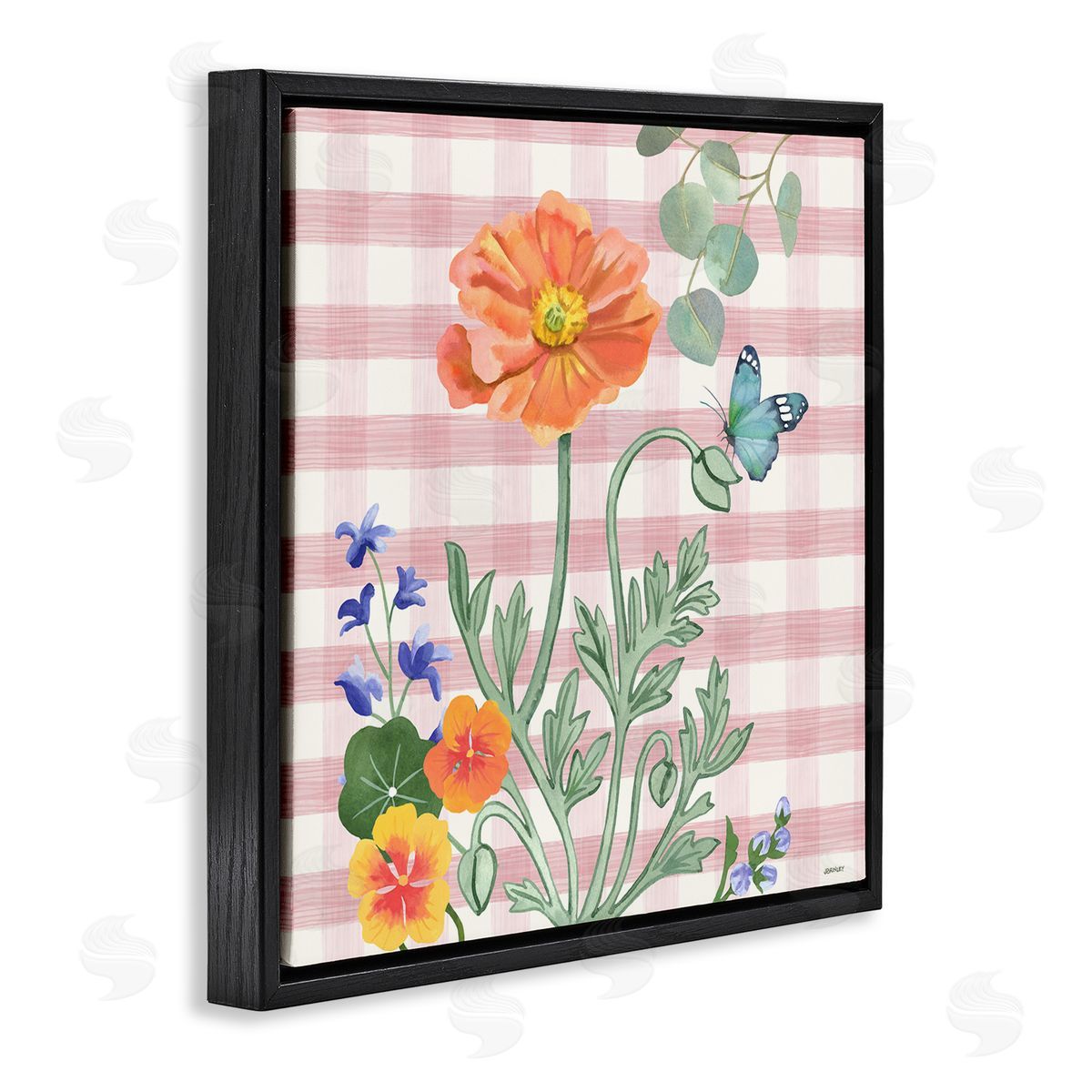 Gingham Garden Poppy Black Floating Frame Canvas Wall Art, Home Decor by Levison Design