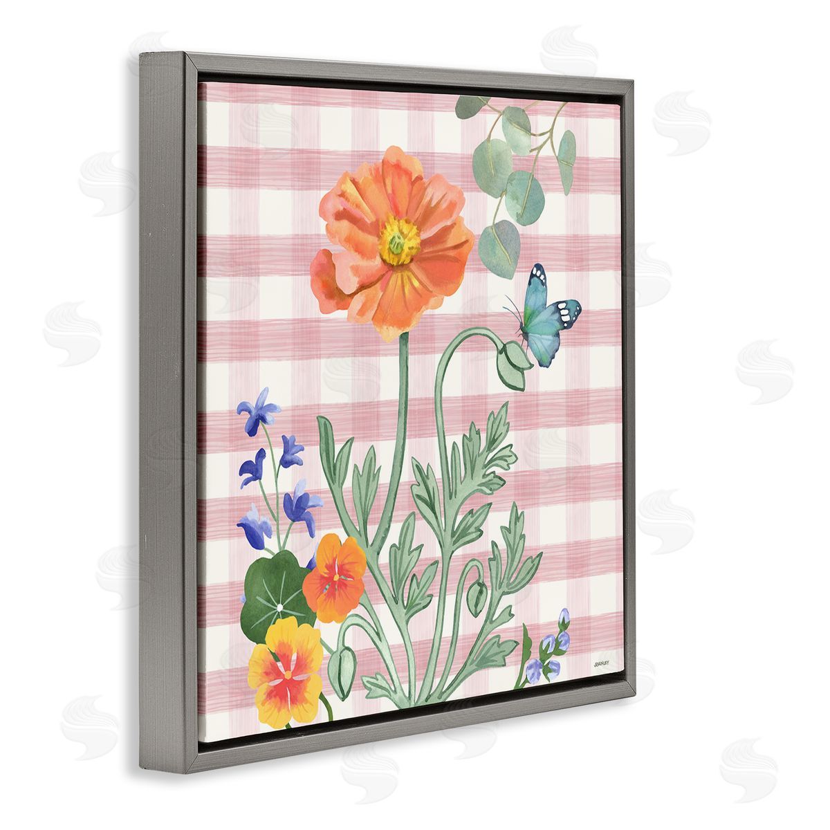 Gingham Garden Poppy Grey Floating Frame Canvas Wall Art, Home Decor by Levison Design
