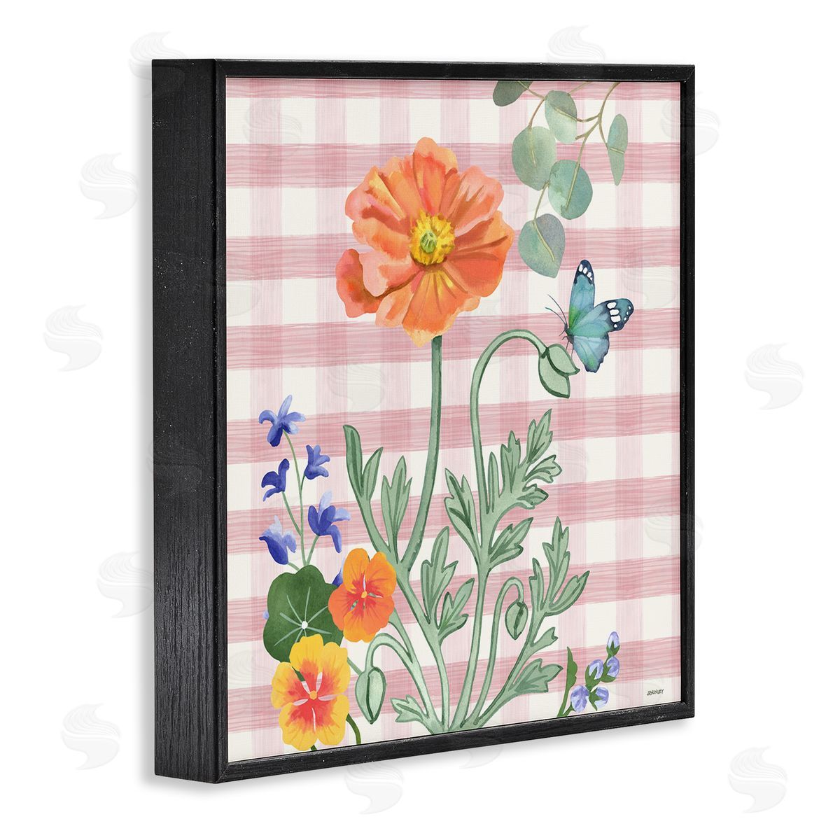 Gingham Garden Poppy Black Frame Print Wall Art, Home Decor by Levison Design