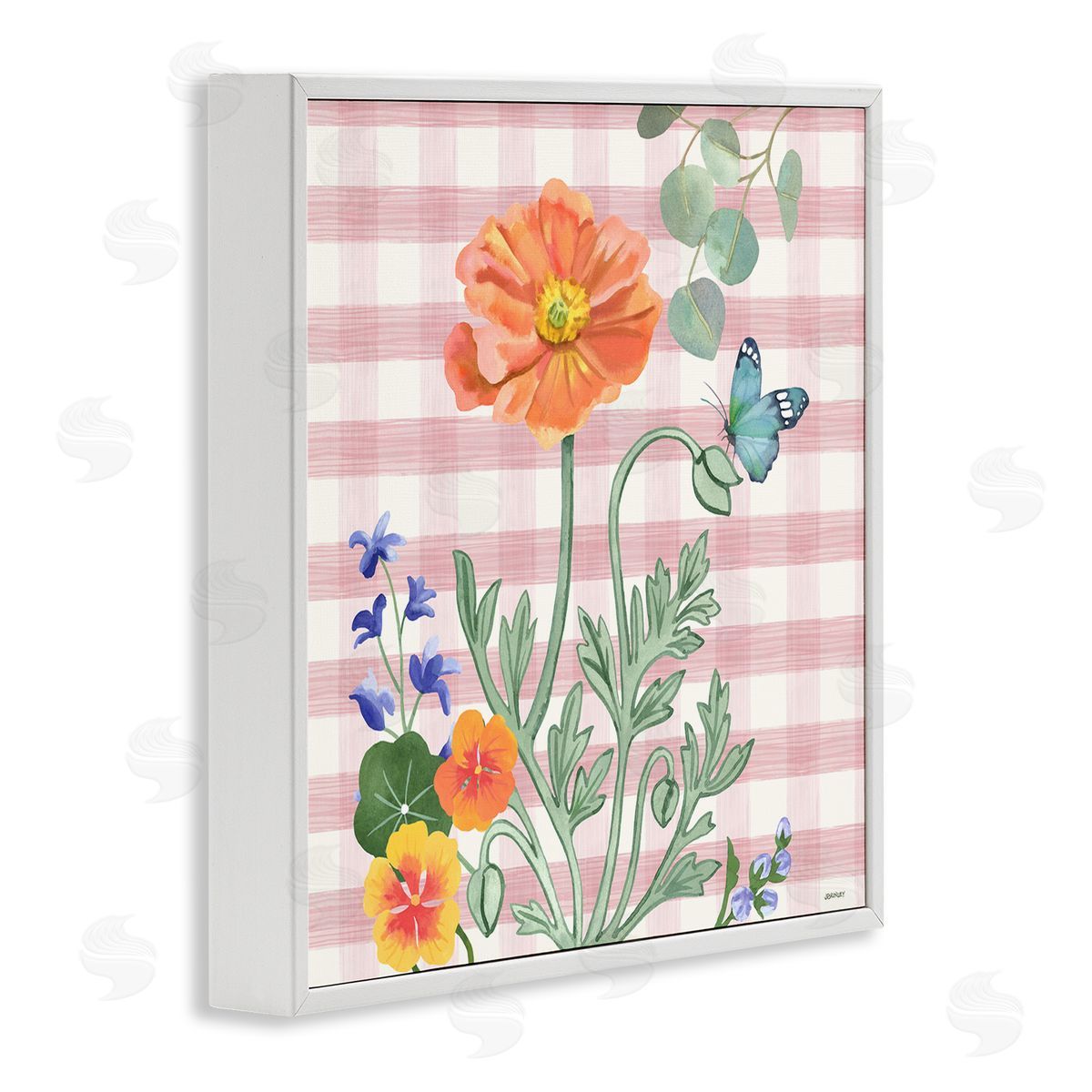 Gingham Garden Poppy White Frame Print Wall Art, Home Decor by Levison Design