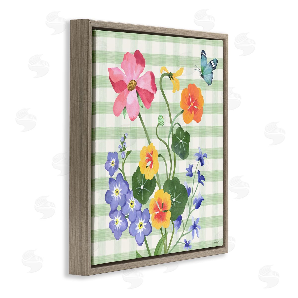 Gingham Garden Flowers Brown Floating Frame Canvas Wall Art, Home Decor by Levison Design
