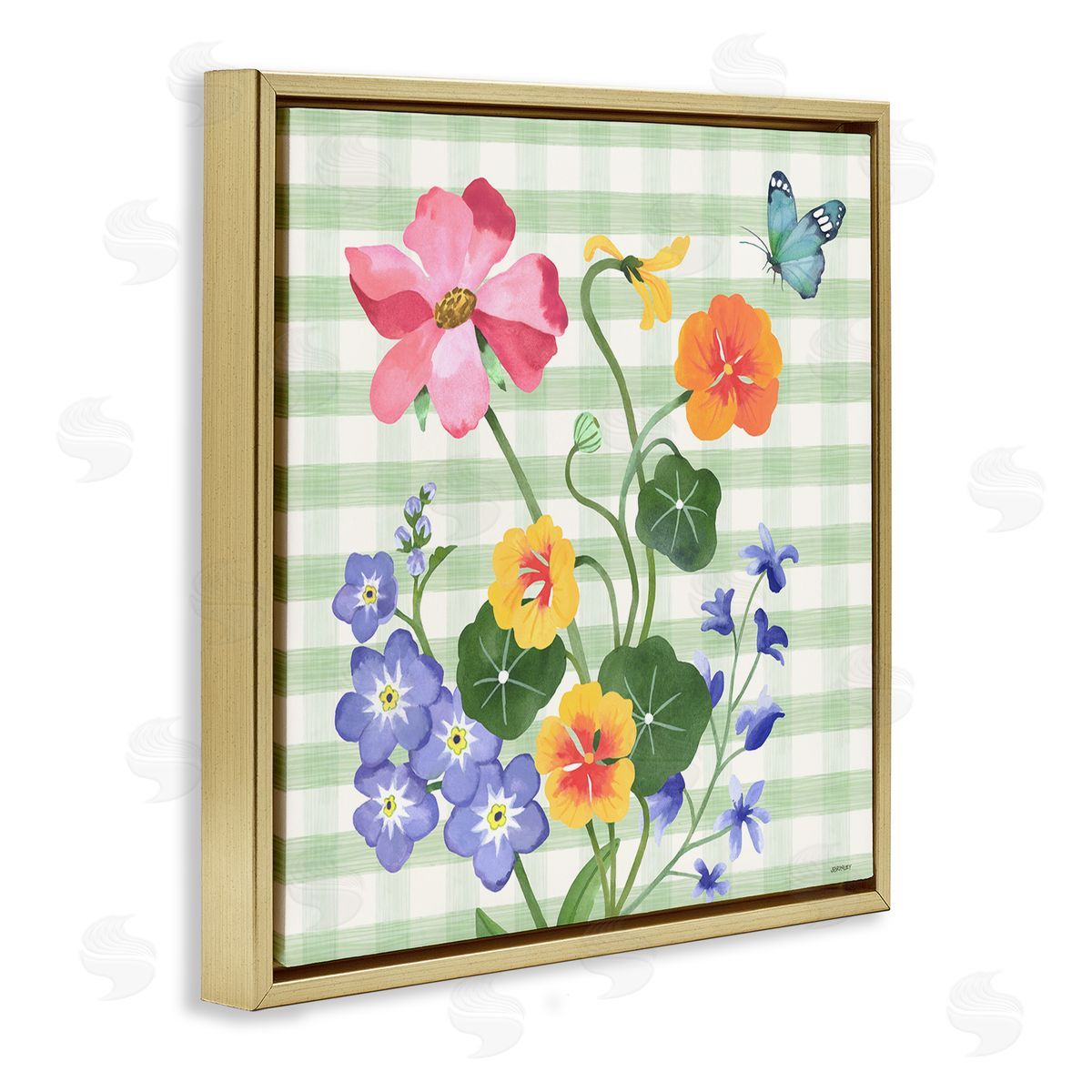 Gingham Garden Flowers Gold Floating Frame Canvas Wall Art, Home Decor by Levison Design