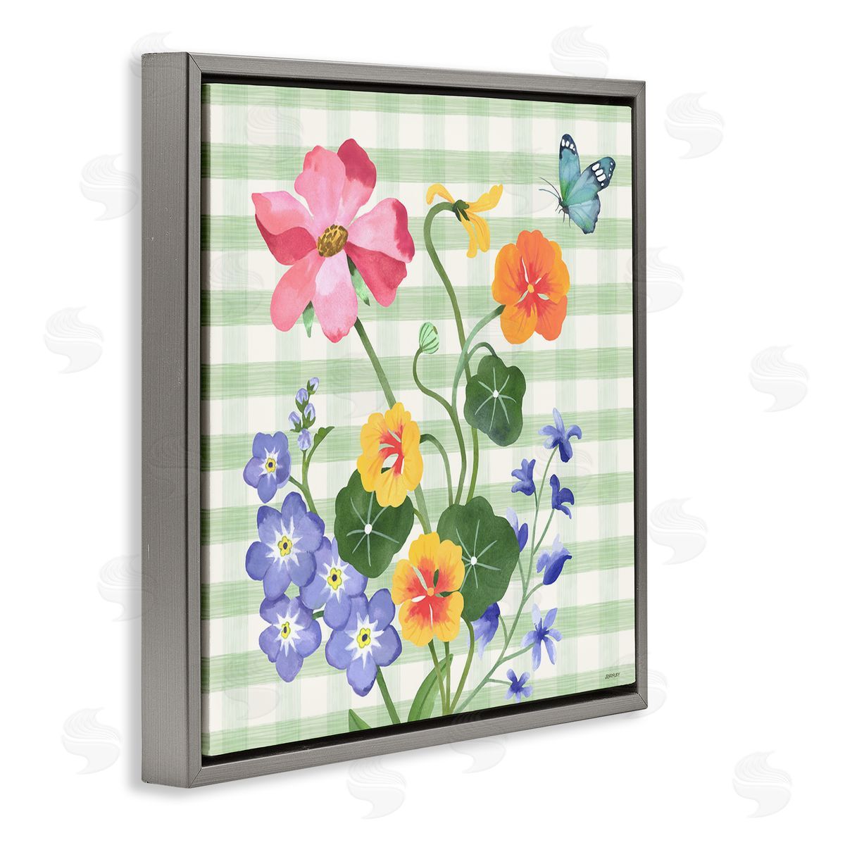 Gingham Garden Flowers Grey Floating Frame Canvas Wall Art, Home Decor by Levison Design
