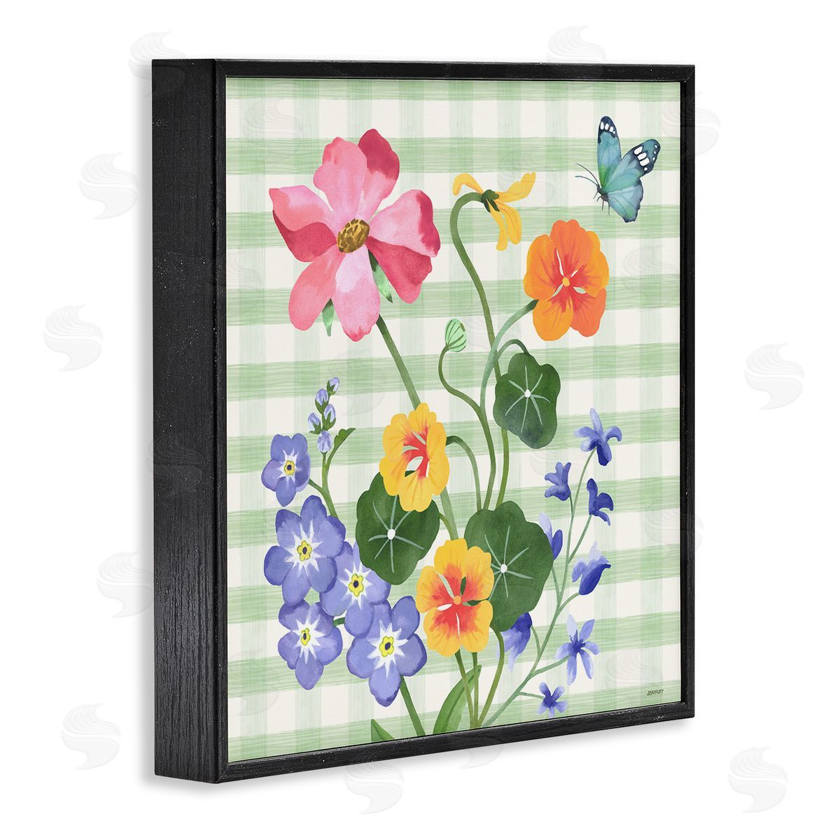 Gingham Garden Flowers Black Frame Print Wall Art, Home Decor by Levison Design