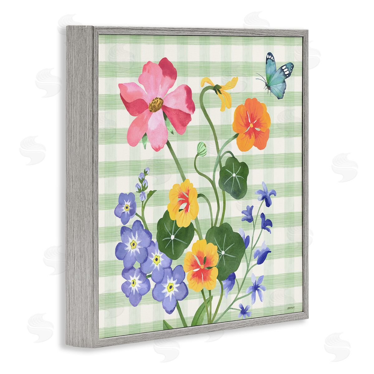 Gingham Garden Flowers Grey Frame Print Wall Art, Home Decor by Levison Design