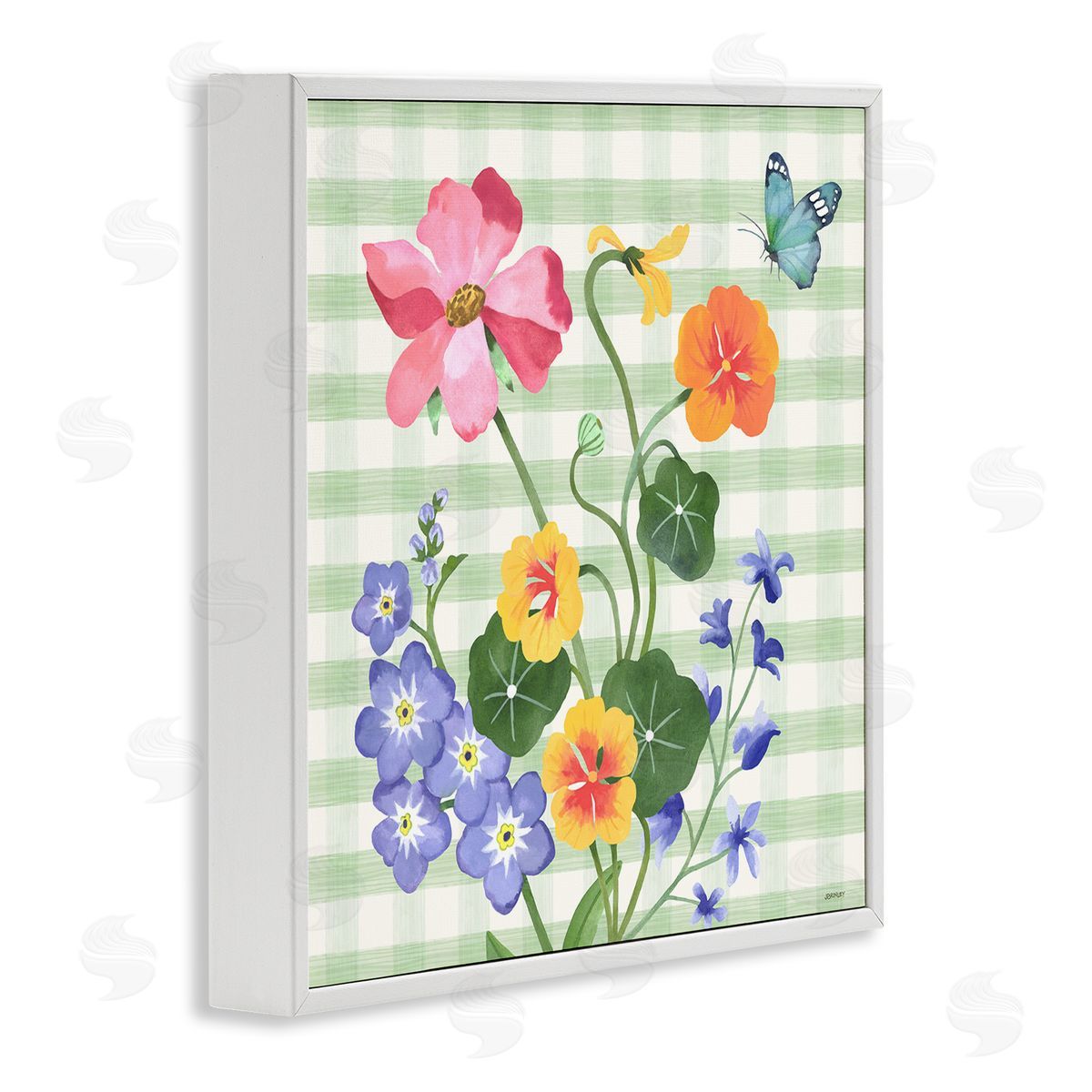 Gingham Garden Flowers White Frame Print Wall Art, Home Decor by Levison Design