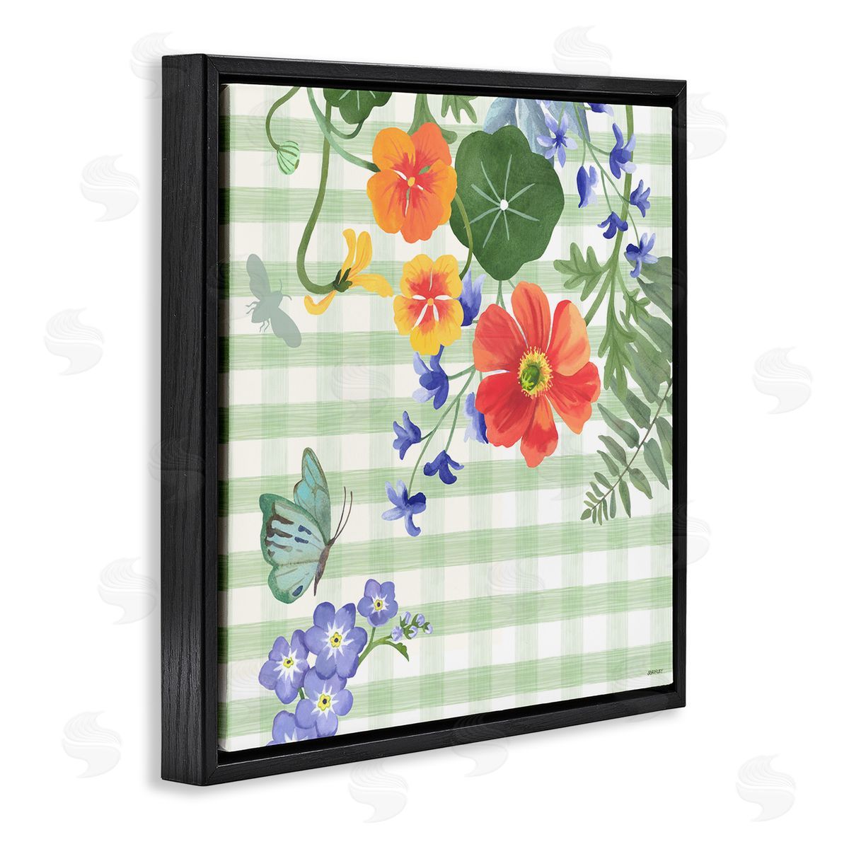 Green Gingham and Poppies Black Floating Frame Canvas Wall Art, Home Decor by Levison Design