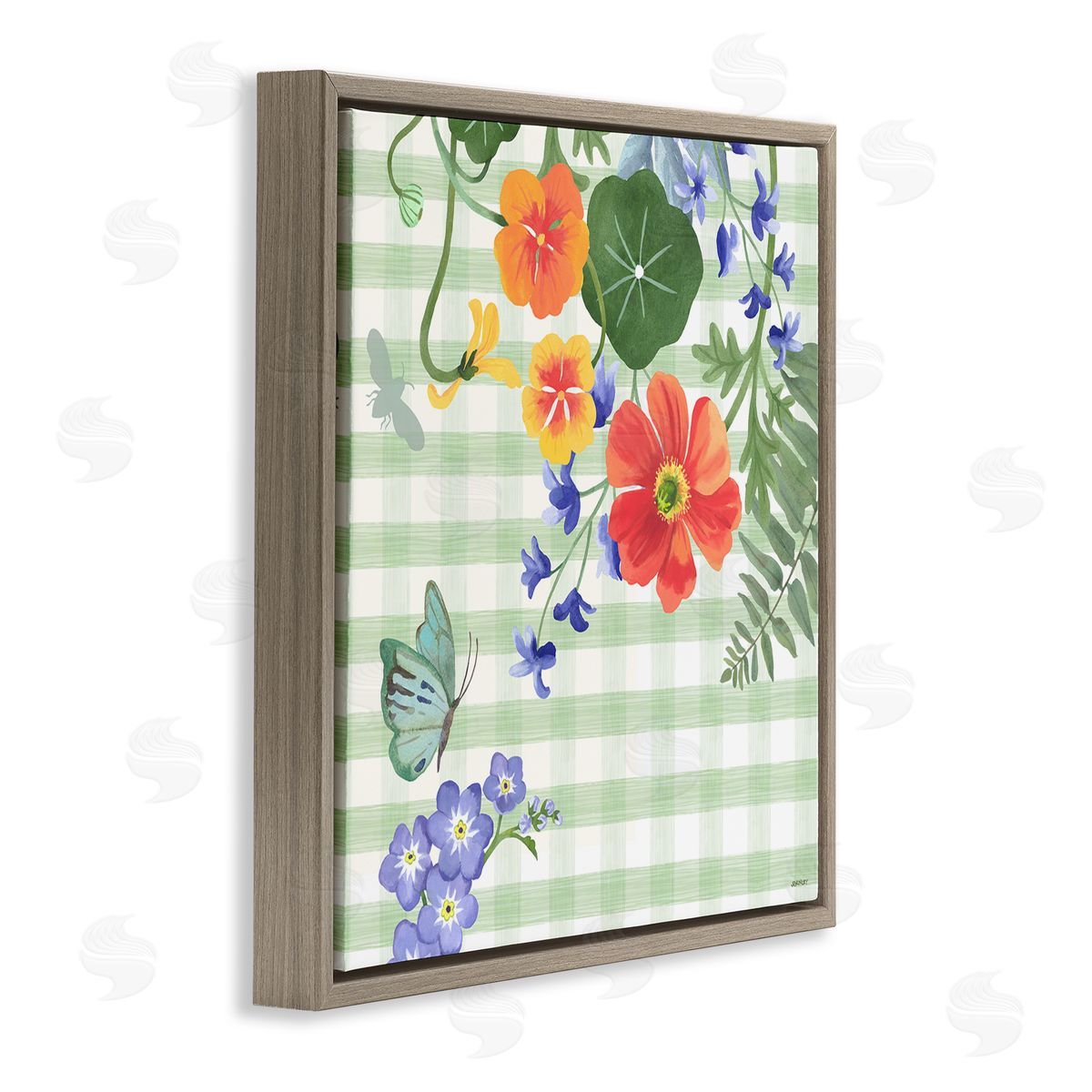 Green Gingham and Poppies Brown Floating Frame Canvas Wall Art, Home Decor by Levison Design