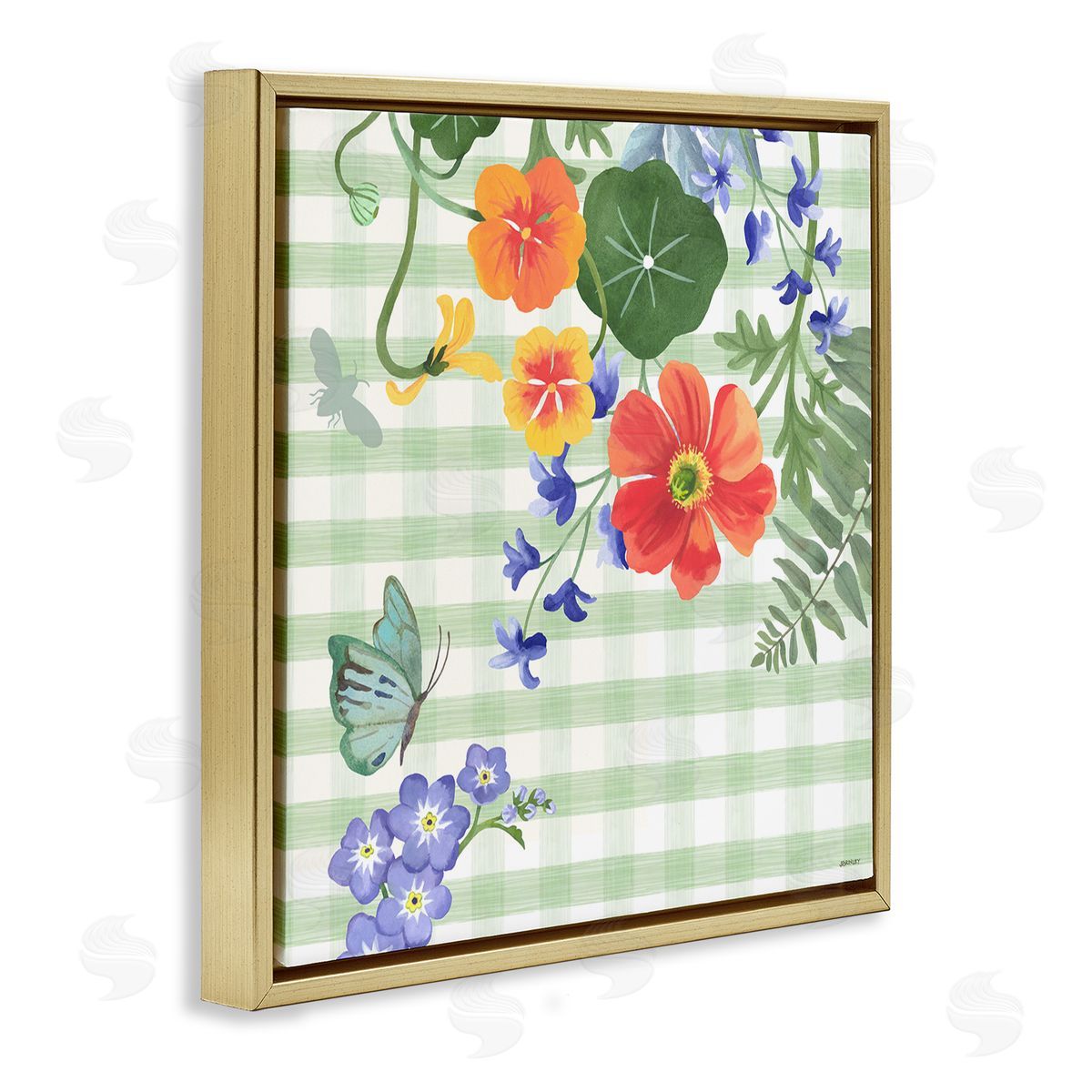 Green Gingham and Poppies Gold Floating Frame Canvas Wall Art, Home Decor by Levison Design
