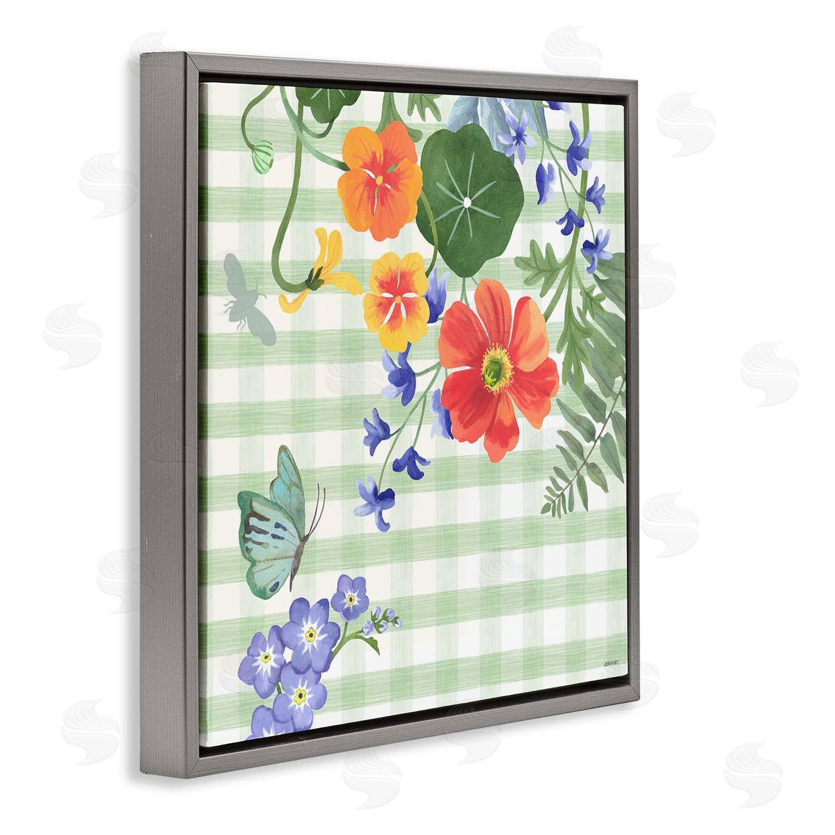 Green Gingham and Poppies Grey Floating Frame Canvas Wall Art, Home Decor by Levison Design
