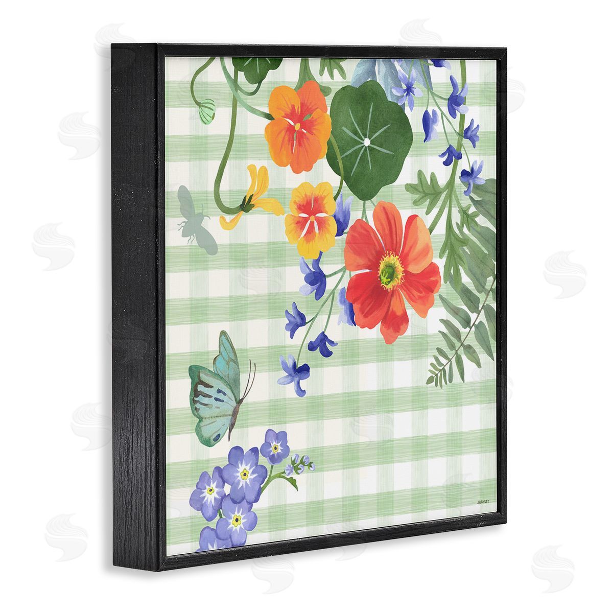 Green Gingham and Poppies Black Frame Print Wall Art, Home Decor by Levison Design