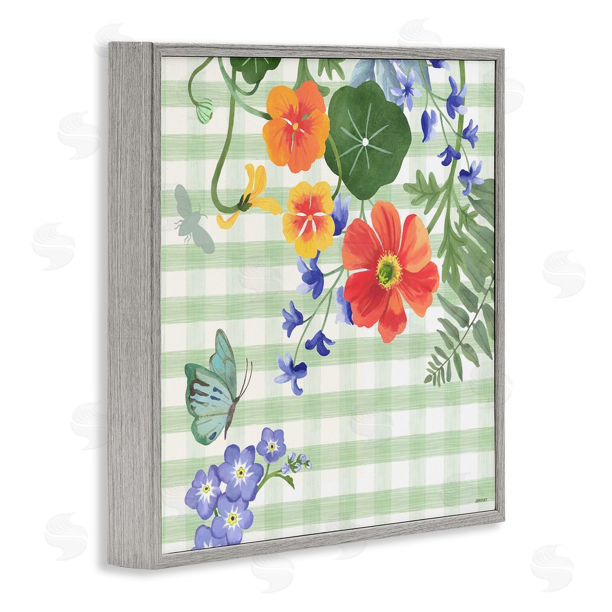 Green Gingham and Poppies Grey Frame Print Wall Art, Home Decor by Levison Design