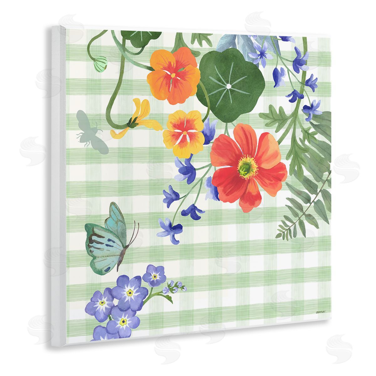 Green Gingham and Poppies Wood Plaque Wall Art, Home Decor by Levison Design