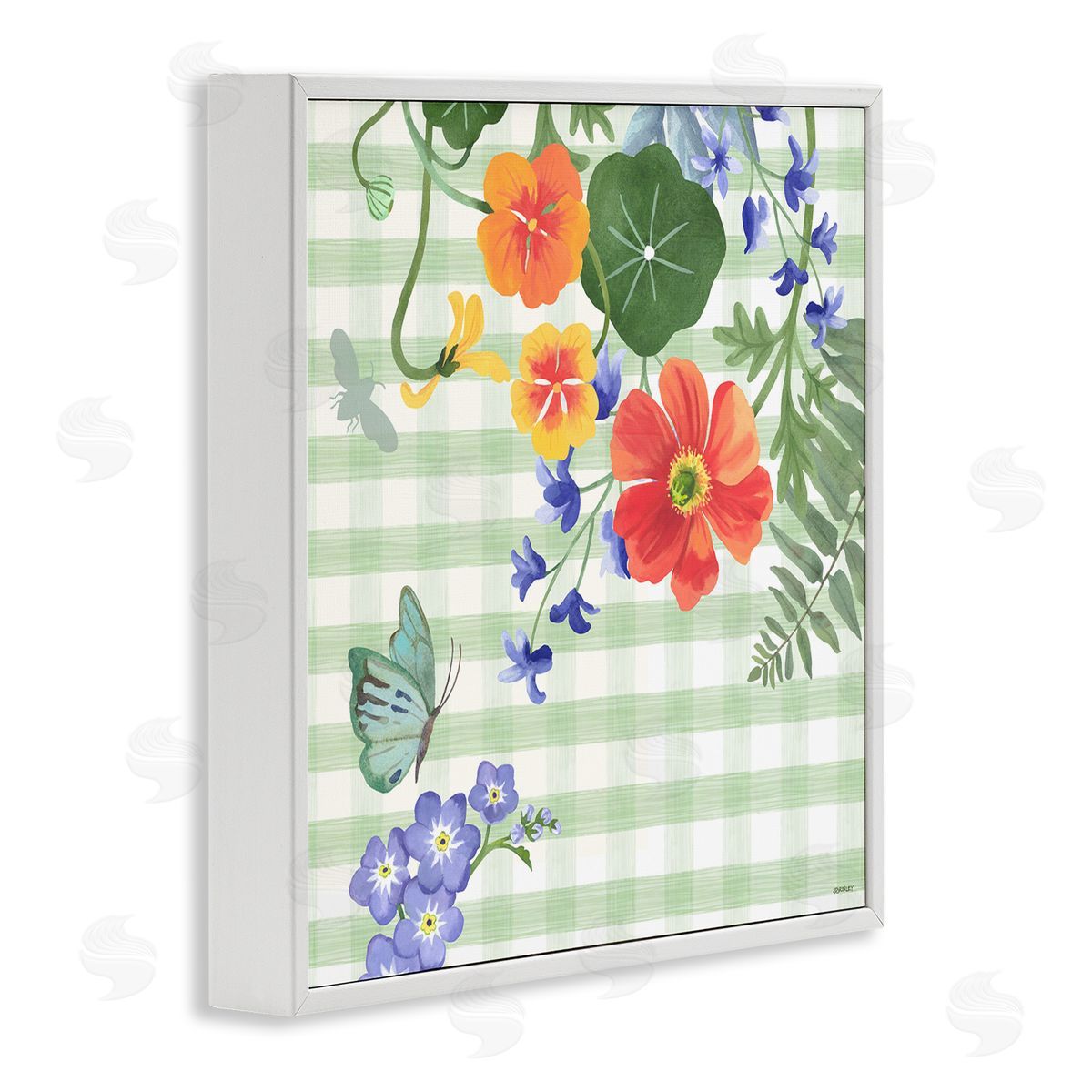 Green Gingham and Poppies White Frame Print Wall Art, Home Decor by Levison Design