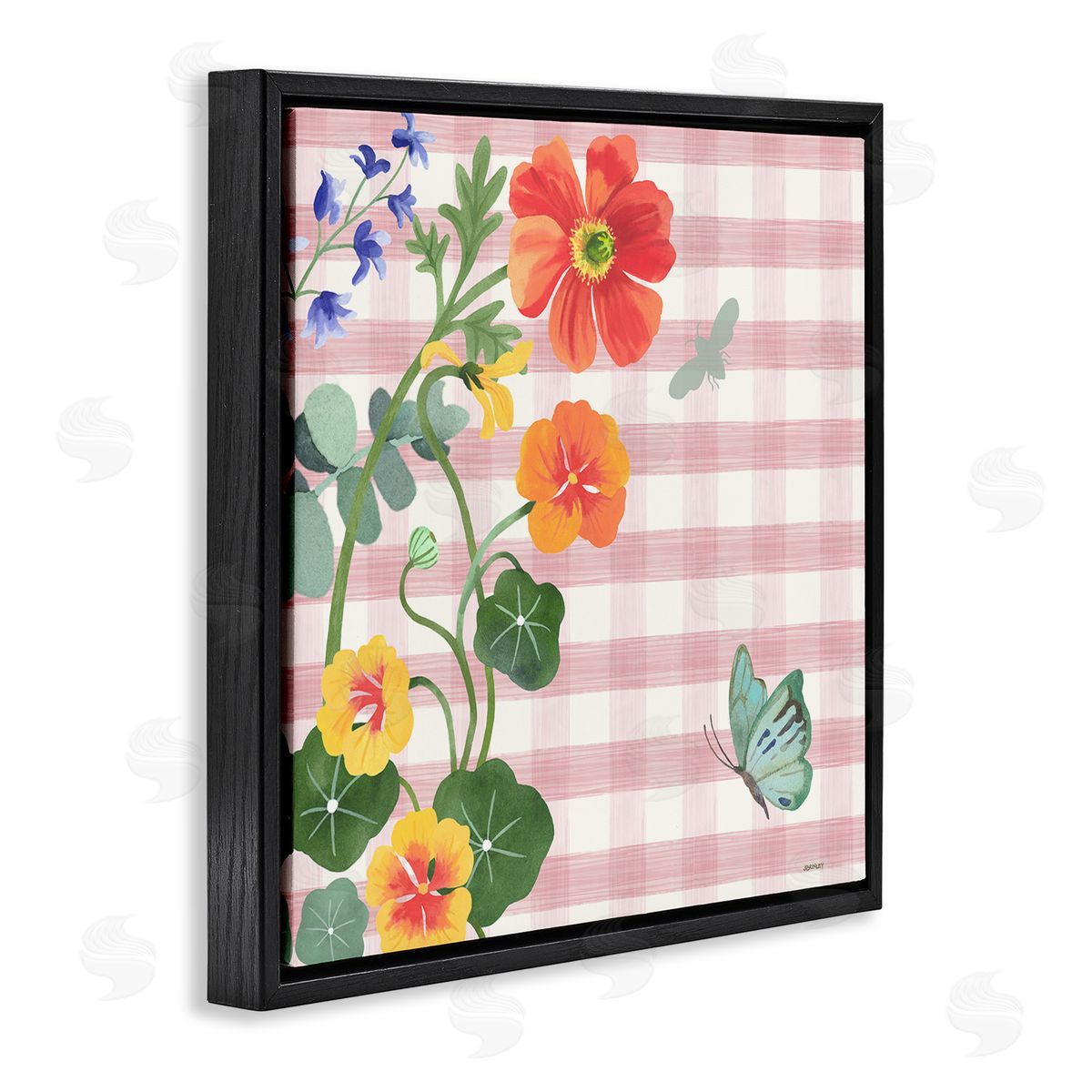 Garden Poppies on Gingham Black Floating Frame Canvas Wall Art, Home Decor by Levison Design