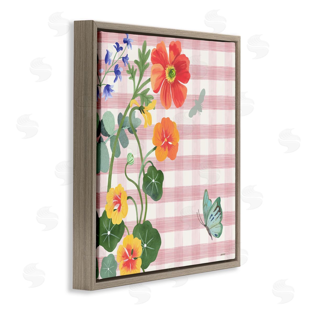 Garden Poppies on Gingham Brown Floating Frame Canvas Wall Art, Home Decor by Levison Design