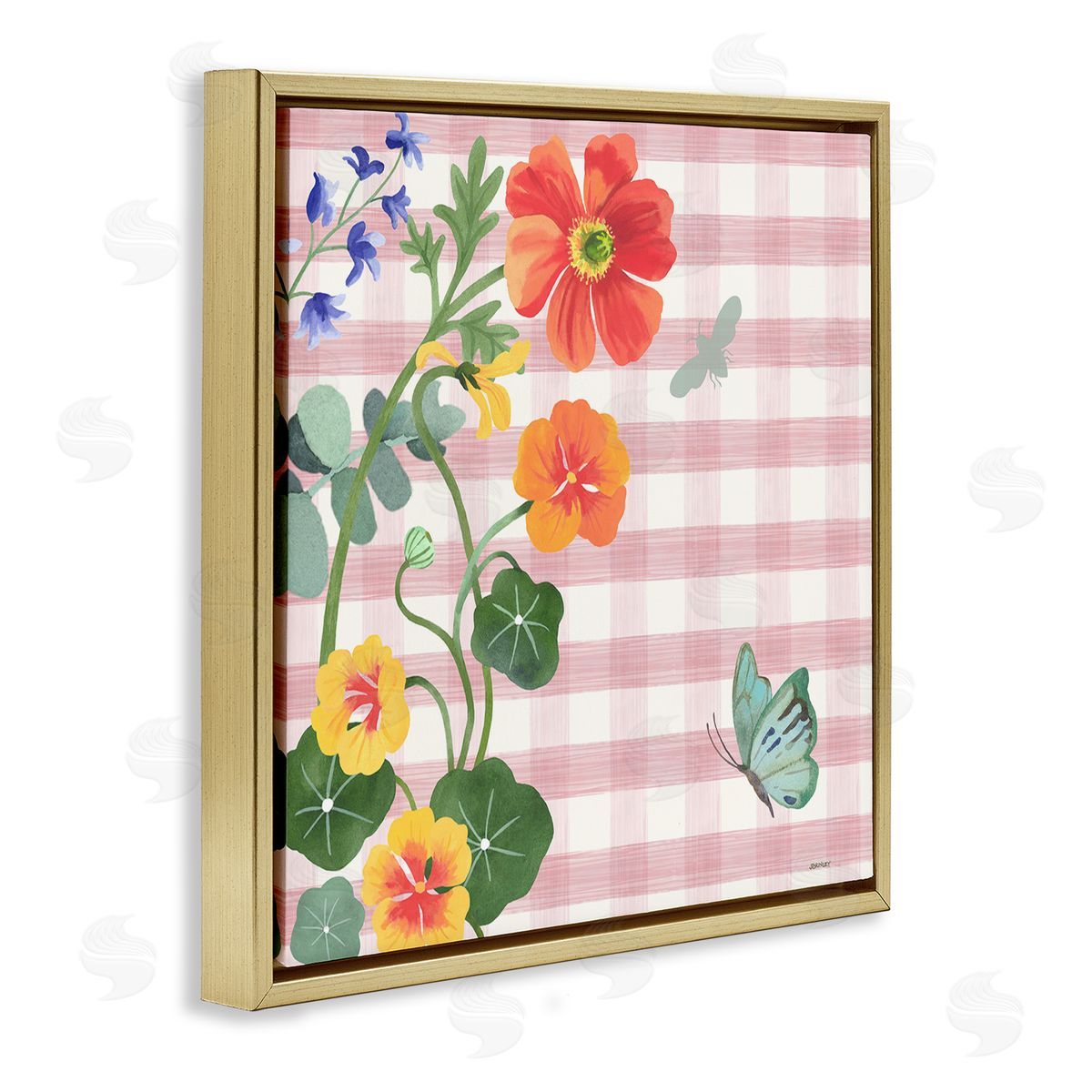 Garden Poppies on Gingham Gold Floating Frame Canvas Wall Art, Home Decor by Levison Design