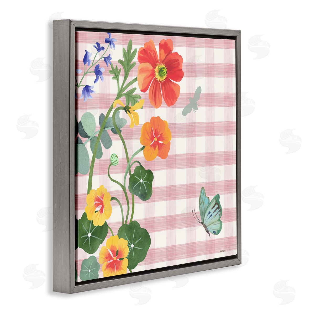Garden Poppies on Gingham Grey Floating Frame Canvas Wall Art, Home Decor by Levison Design
