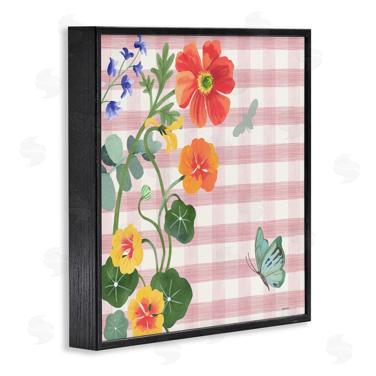 Garden Poppies on Gingham Black Frame Print Wall Art, Home Decor by Levison Design