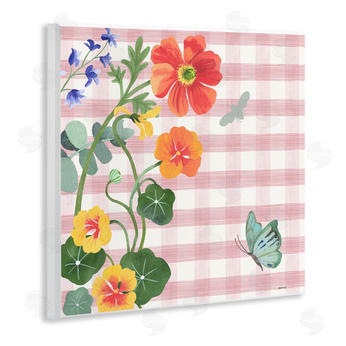 Garden Poppies on Gingham Wood Plaque Wall Art, Home Decor by Levison Design