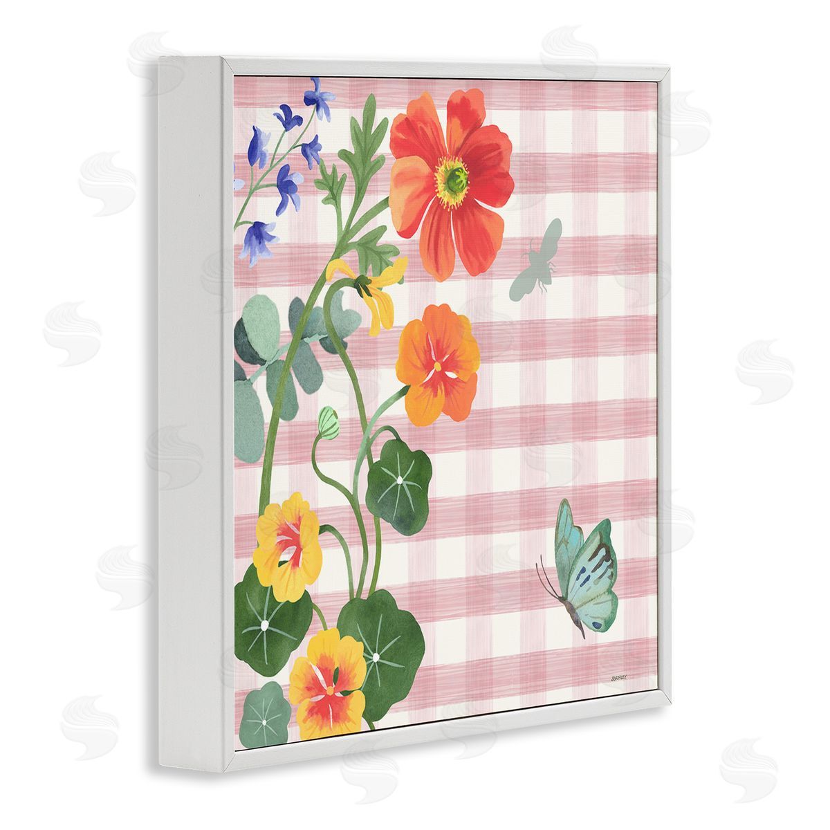 Garden Poppies on Gingham White Frame Print Wall Art, Home Decor by Levison Design