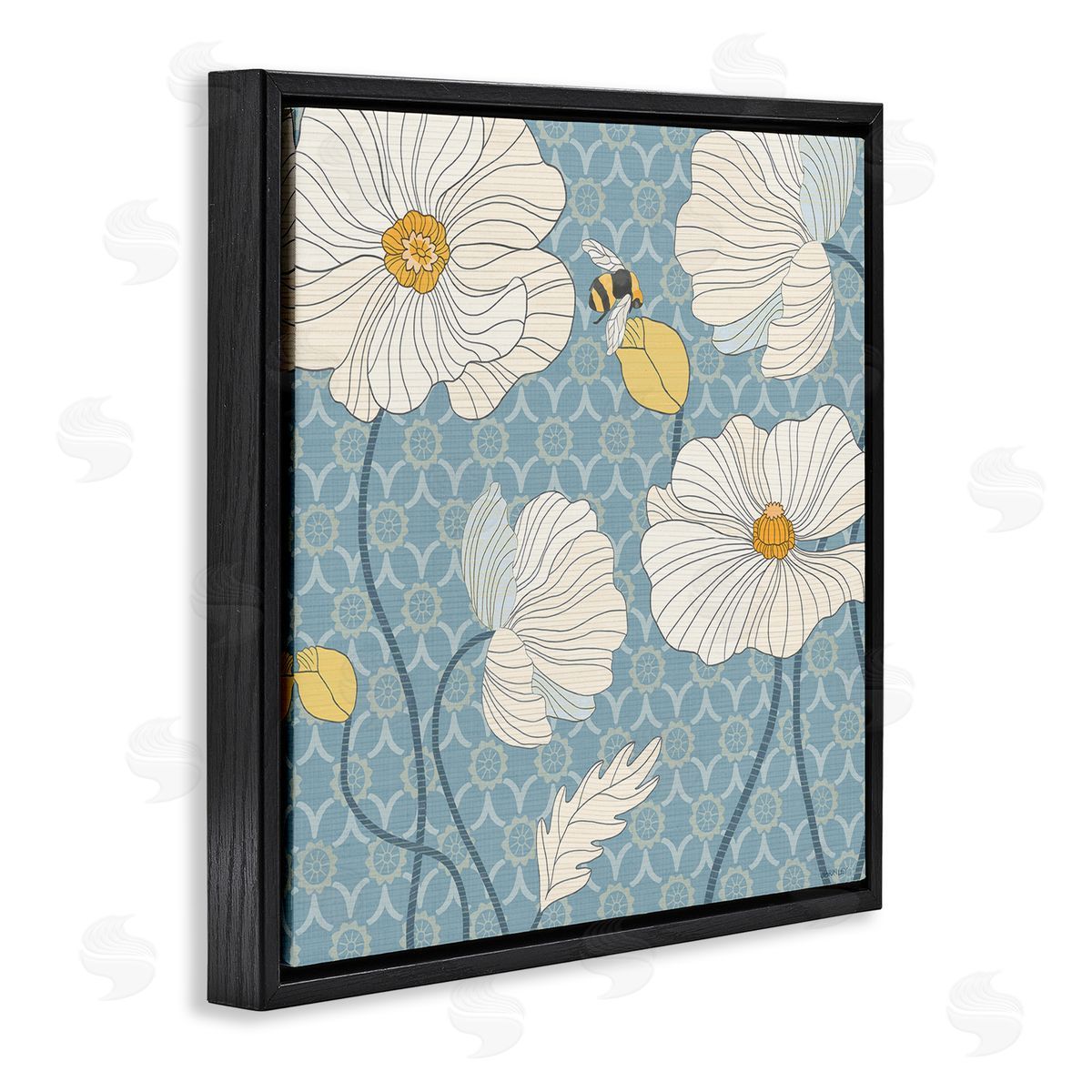 Wild Poppies and Bee Black Floating Frame Canvas Wall Art, Home Decor by Levison Design