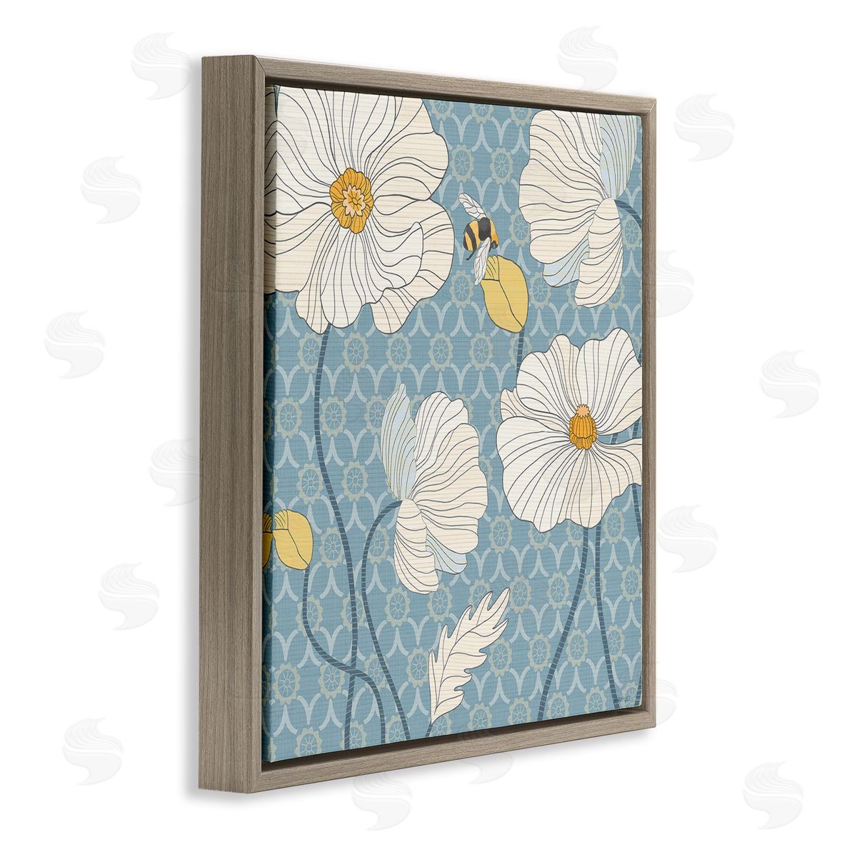 Wild Poppies and Bee Brown Floating Frame Canvas Wall Art, Home Decor by Levison Design