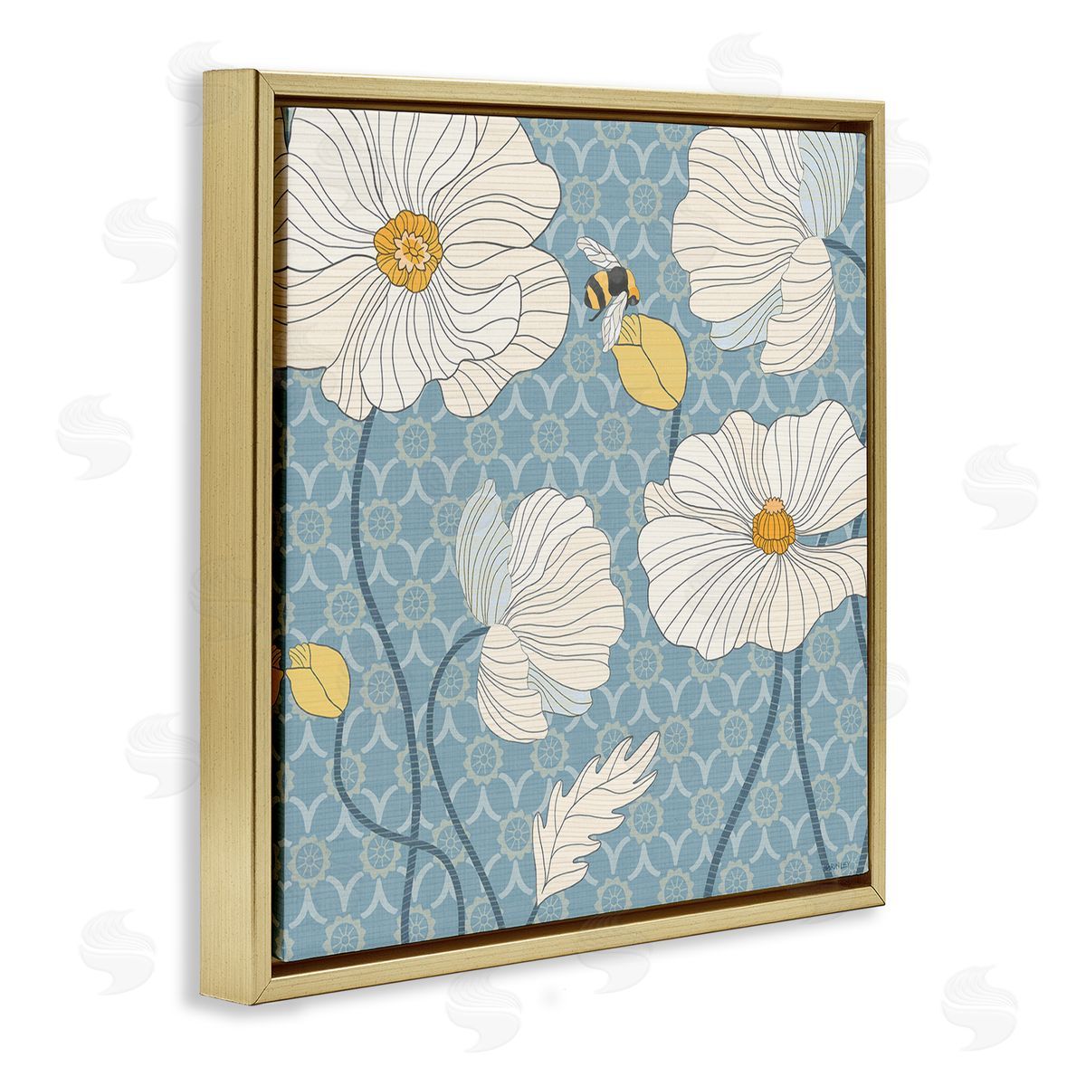 Wild Poppies and Bee Gold Floating Frame Canvas Wall Art, Home Decor by Levison Design