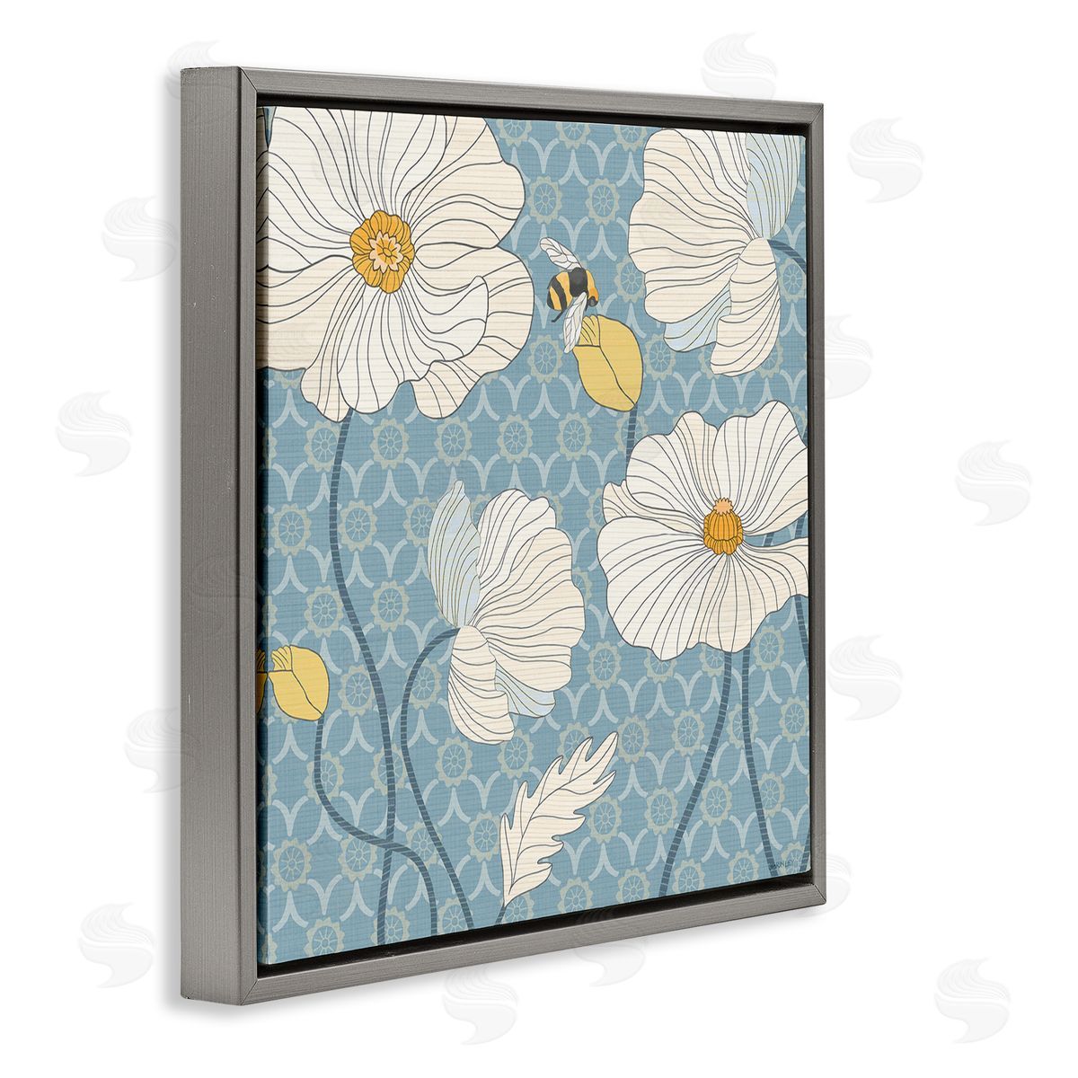 Wild Poppies and Bee Grey Floating Frame Canvas Wall Art, Home Decor by Levison Design