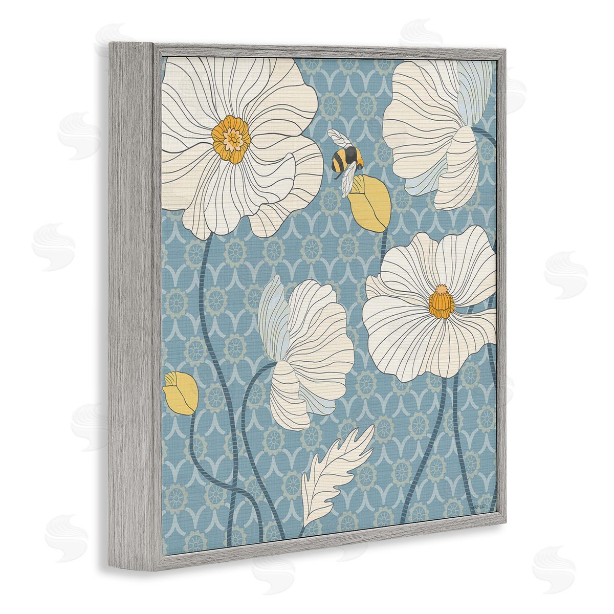 Wild Poppies and Bee Grey Frame Print Wall Art, Home Decor by Levison Design