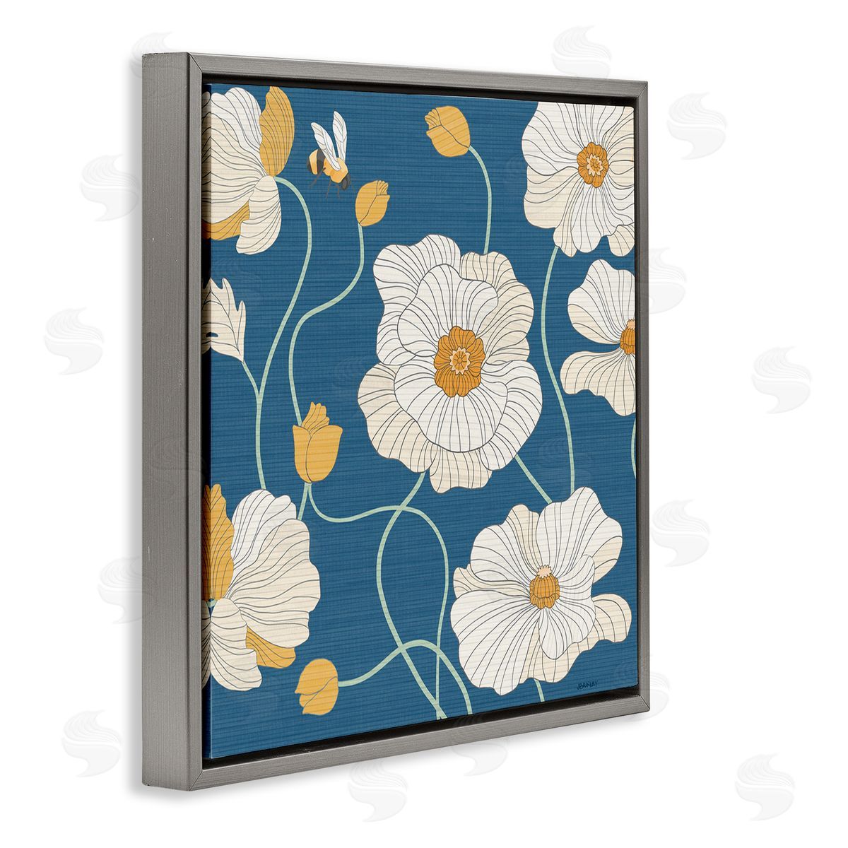 Levison Design Bee & White Poppies Gray Floating Frame Canvas Wall Art Print