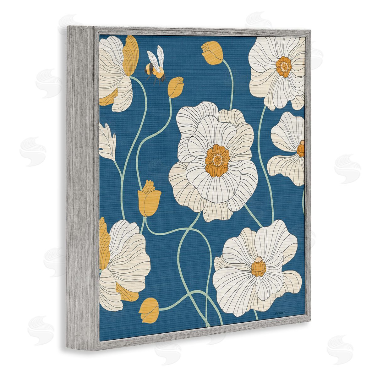 Levison Design Bee & White Poppies Gray Framed Giclee Wall Art Print