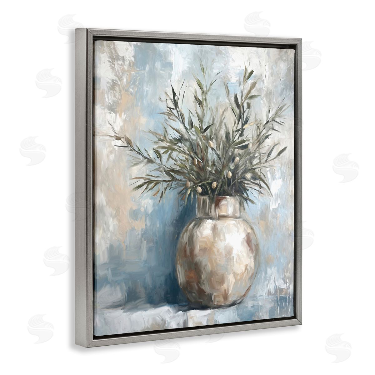 Potted Olive Branches Grey Floating Frame Canvas Wall Art, Home Decor by Ramona Murdock
