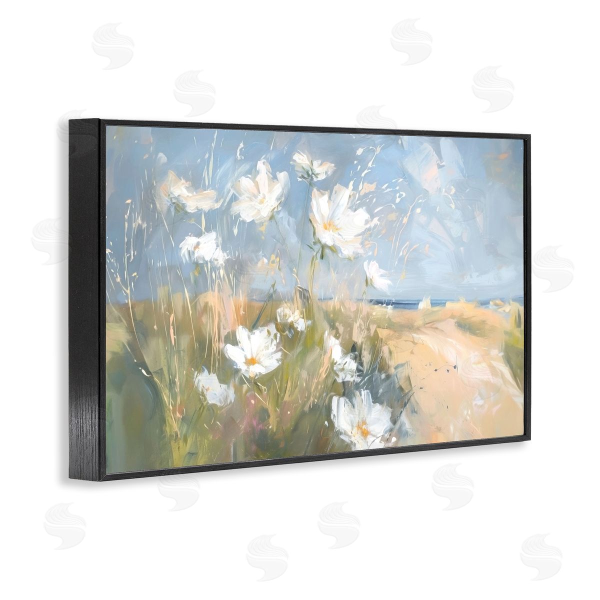Seaside Wildflowers Scenery Black Frame Print Wall Art, Home Decor by Ramona Murdock