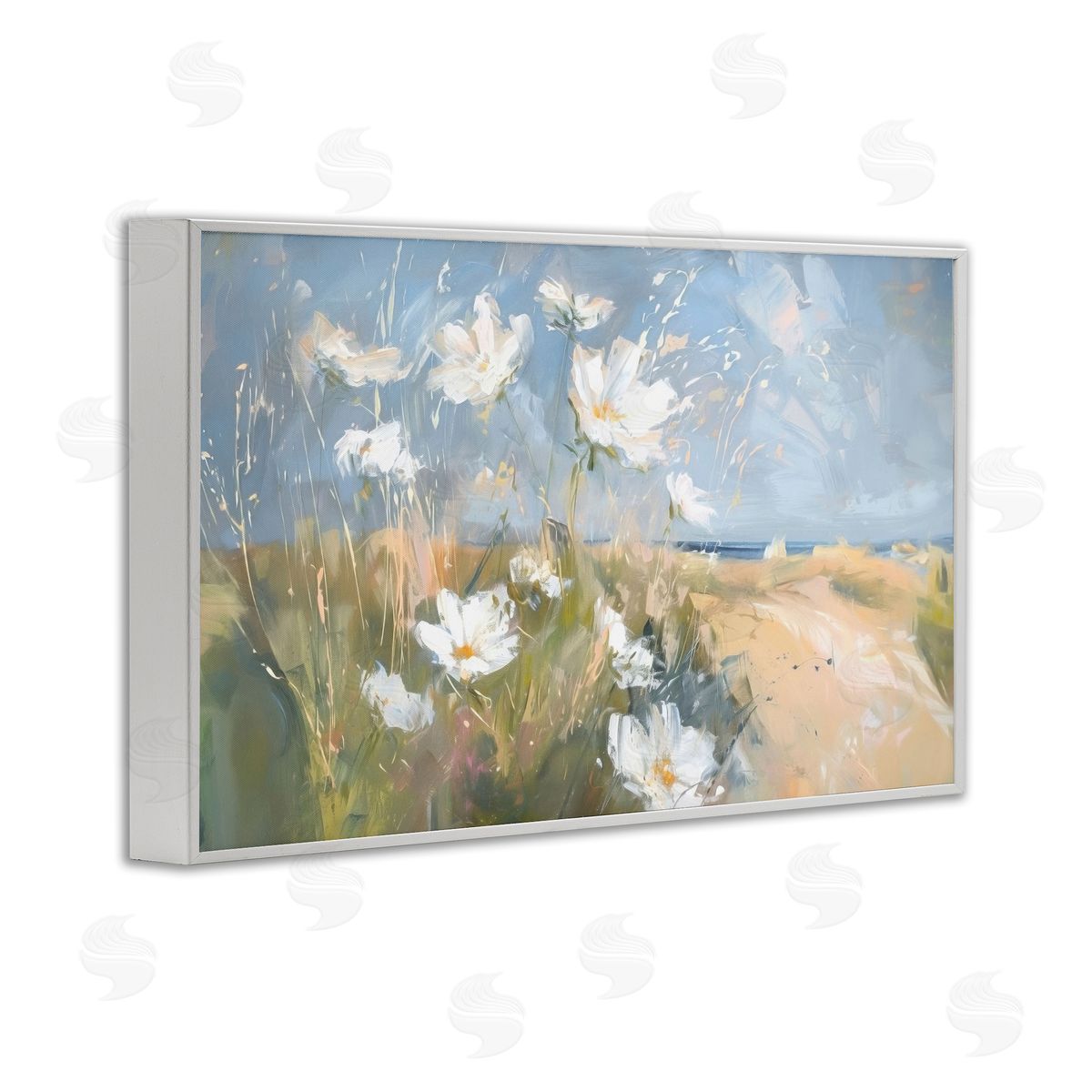 Seaside Wildflowers Scenery White Frame Print Wall Art, Home Decor by Ramona Murdock