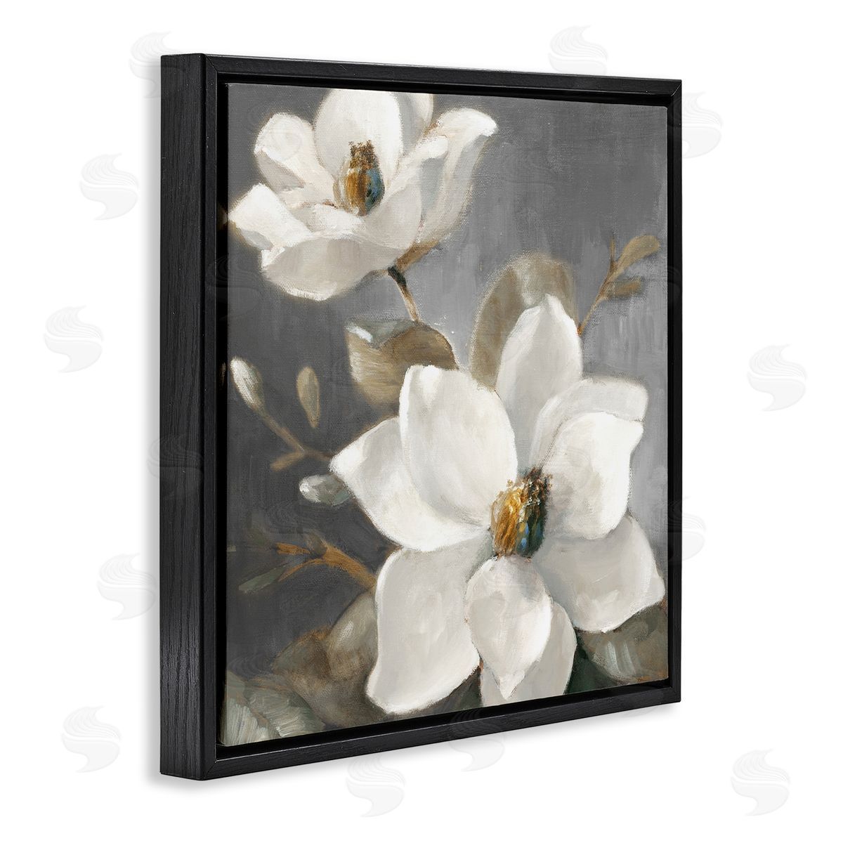 Magnolias on Grey Black Floating Frame Canvas Wall Art, Home Decor by Lanie Loreth