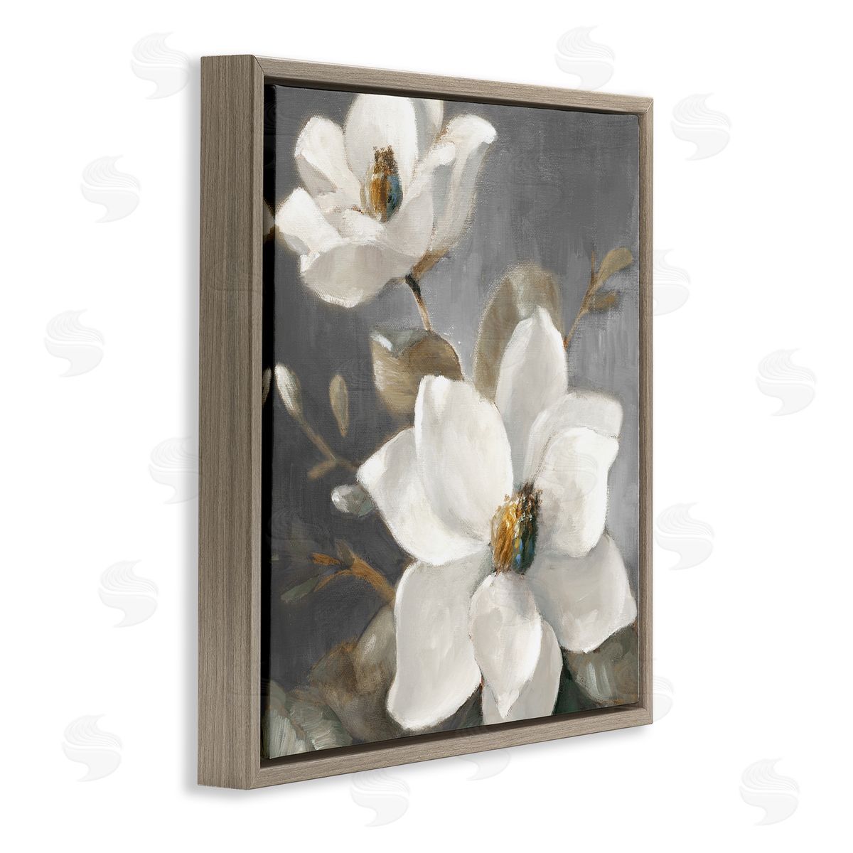 Magnolias on Grey Brown Floating Frame Canvas Wall Art, Home Decor by Lanie Loreth