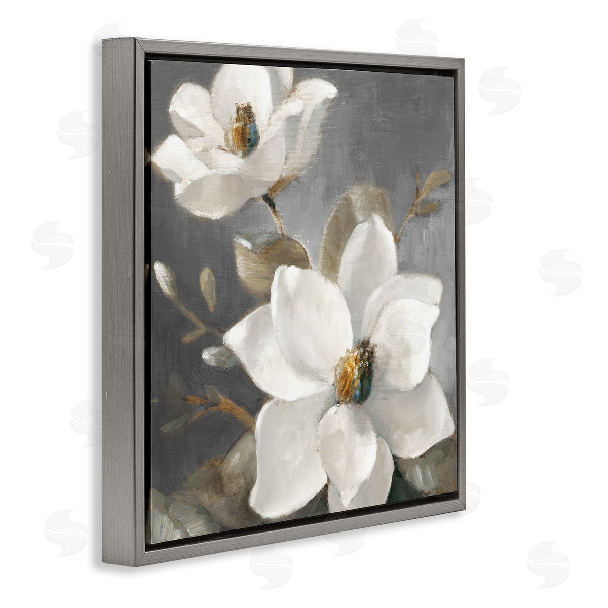 Magnolias on Grey Grey Floating Frame Canvas Wall Art, Home Decor by Lanie Loreth