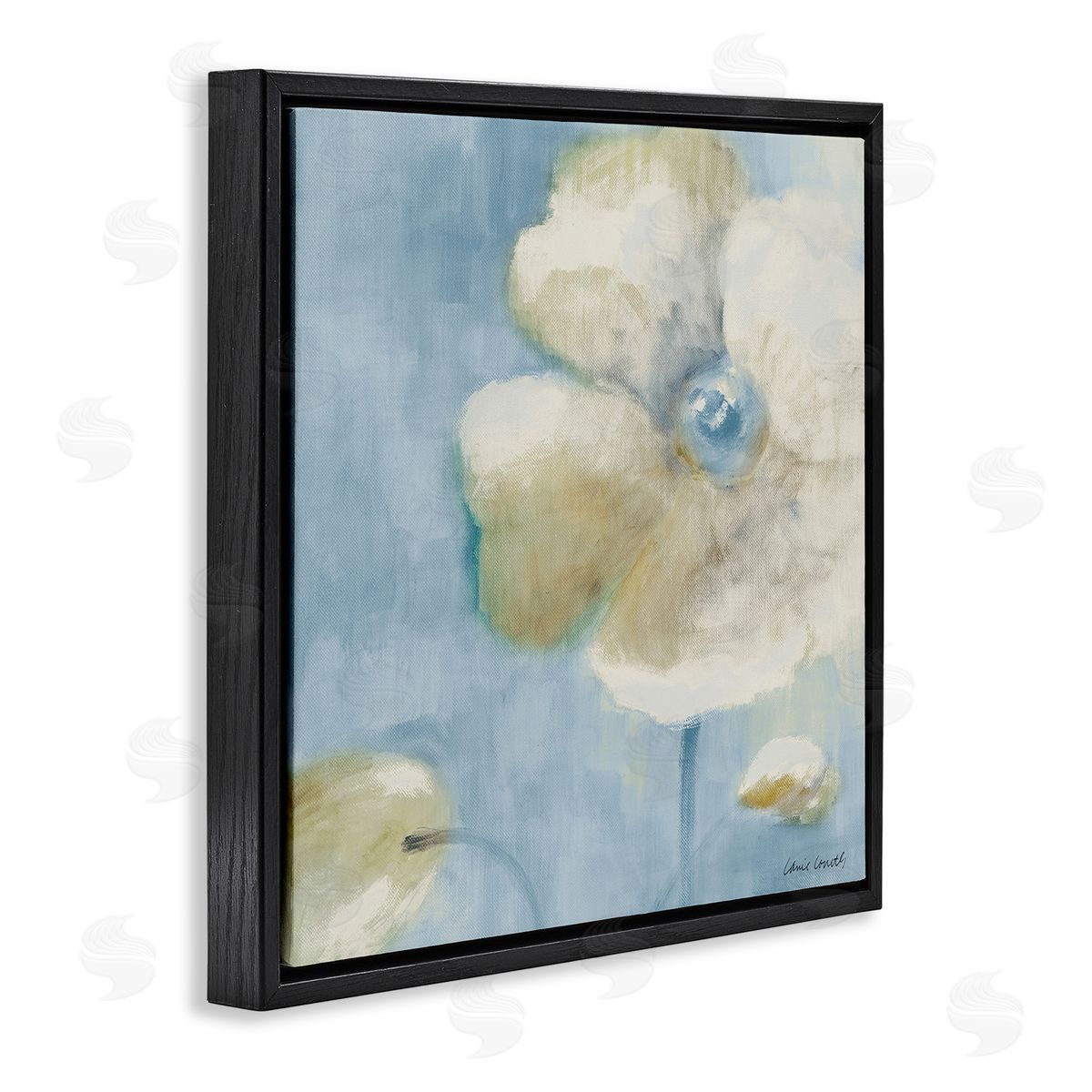 White Blossom on Blue Black Floating Frame Canvas Wall Art, Home Decor by Lanie Loreth