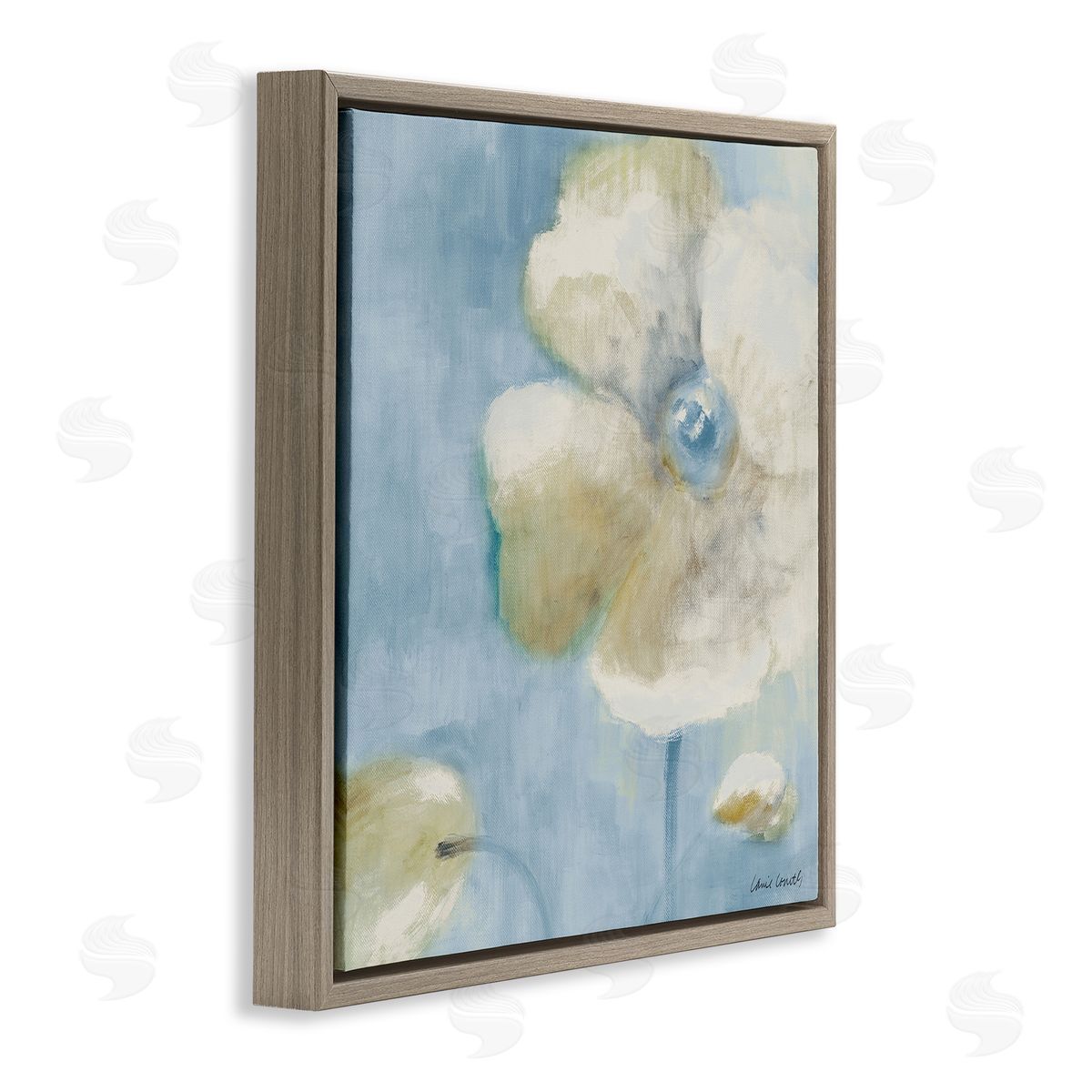 White Blossom on Blue Brown Floating Frame Canvas Wall Art, Home Decor by Lanie Loreth