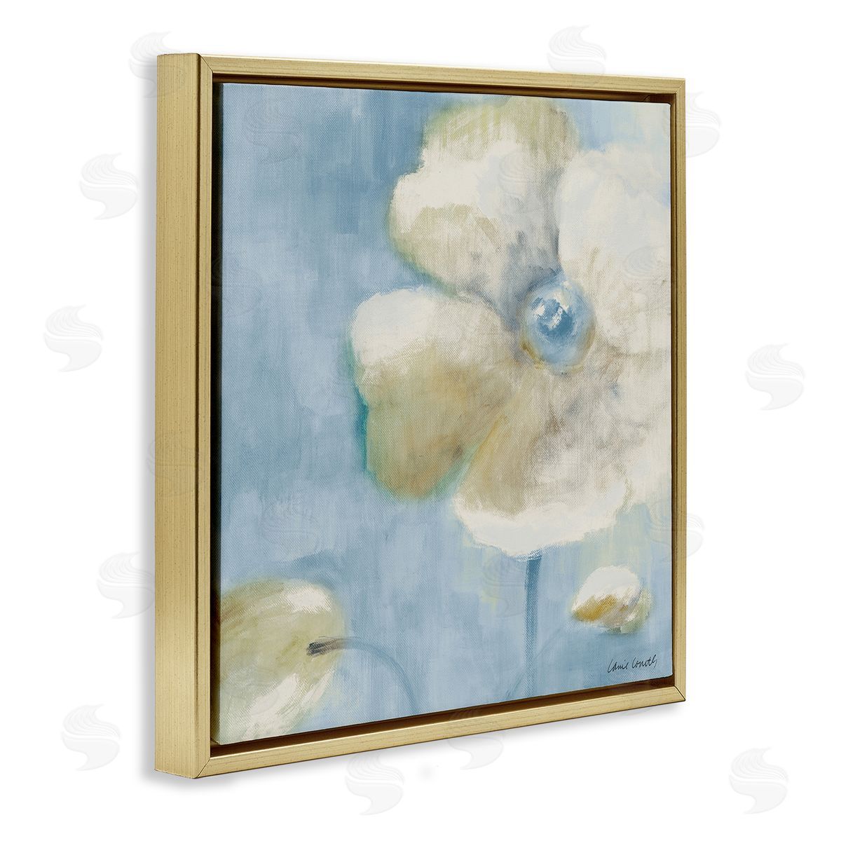 White Blossom on Blue Gold Floating Frame Canvas Wall Art, Home Decor by Lanie Loreth
